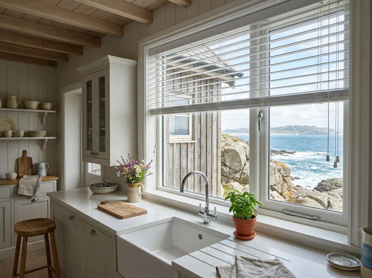 Aluminium venetian blinds tilted half-open in a Llandudno kitchen window, ocean and granite boulders visible outside
