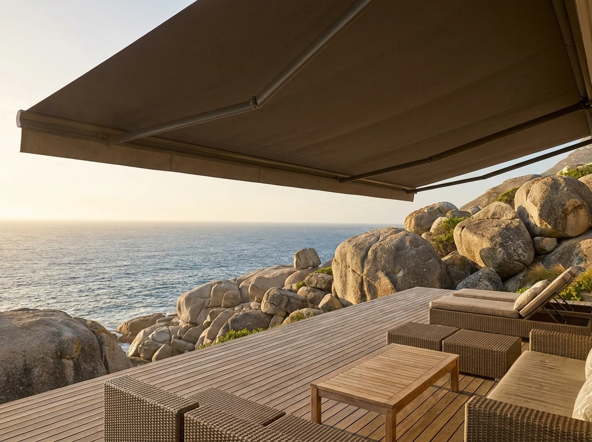 Retractable folding-arm awning extended over a deck at a Llandudno home, granite boulders and ocean beyond