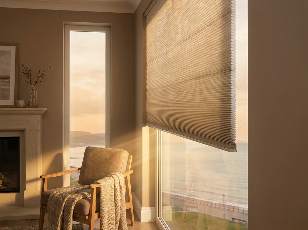 Pleated cellular honeycomb blind fitted to a west-facing window in a Llandudno living room, ocean visible beyond