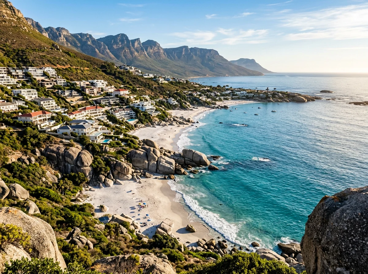 Clifton's crescent beaches divided by granite boulders, luxury homes terraced into the hillside above