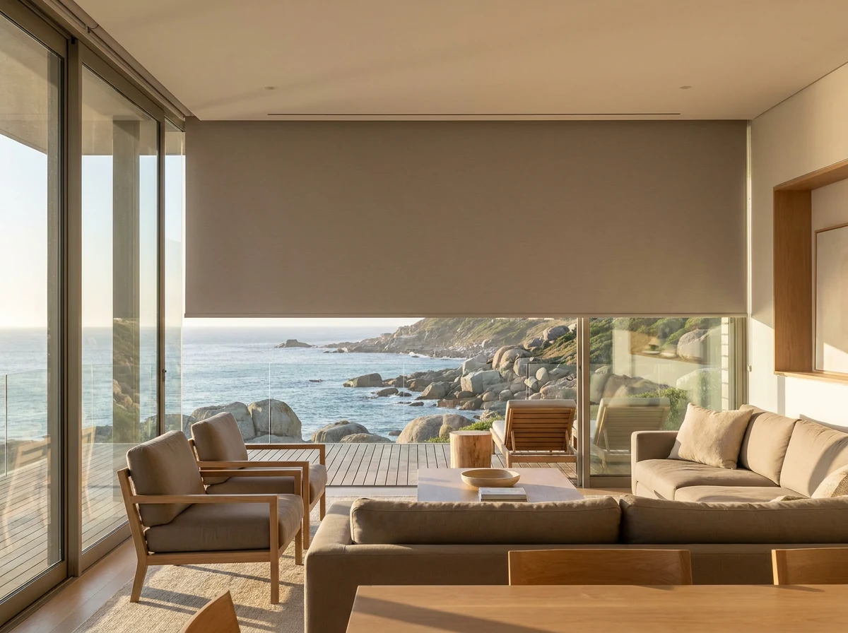 Roller blind dropping from a slim ceiling recess in a glass-walled Llandudno lounge, the boulders and ocean visible beyond
