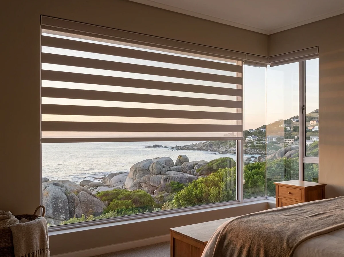 Day and night double roller blind with alternating sheer and solid bands in a Llandudno bedroom overlooking the rocky coastline
