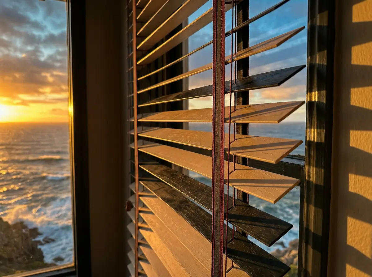 Close-up of timber venetian blind slats and lift cord catching sunset light beside a Llandudno window
