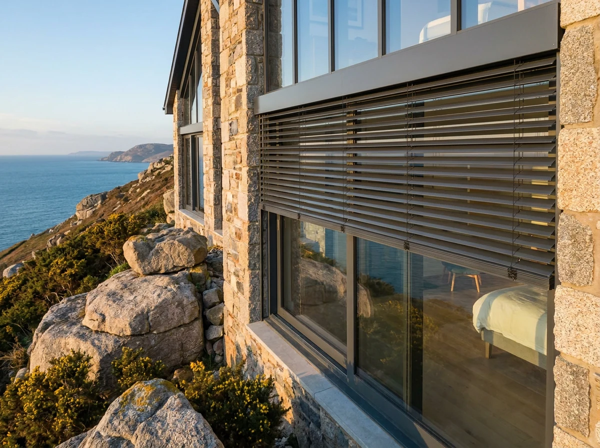 External aluminium venetian blinds mounted outside a window on a Llandudno hillside facade, ocean and coastline below