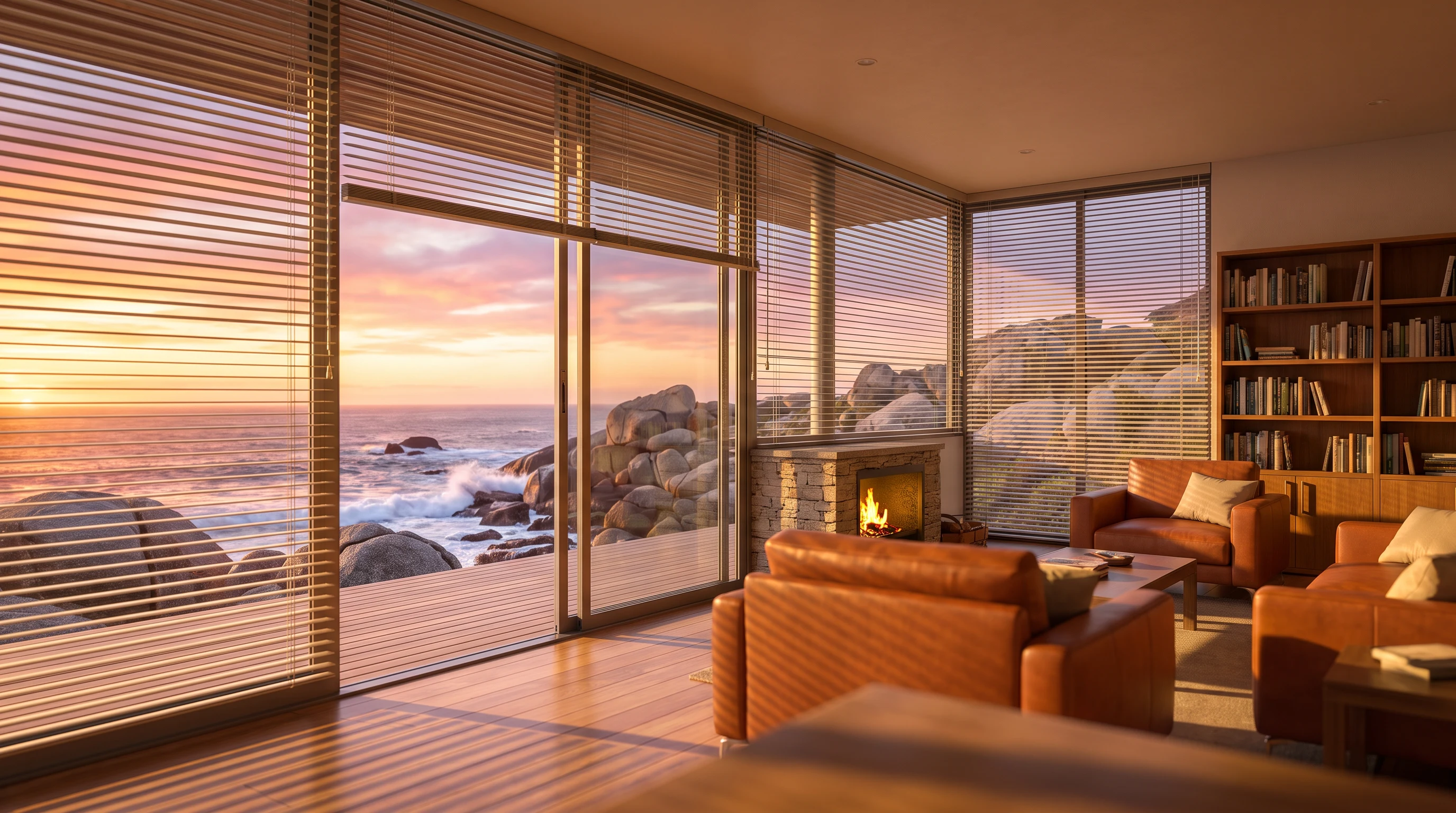 Aluminium venetian blinds tilted open across a glass wall, framing a sunset ocean view from a Llandudno lounge with granite boulders and Atlantic surf beyond