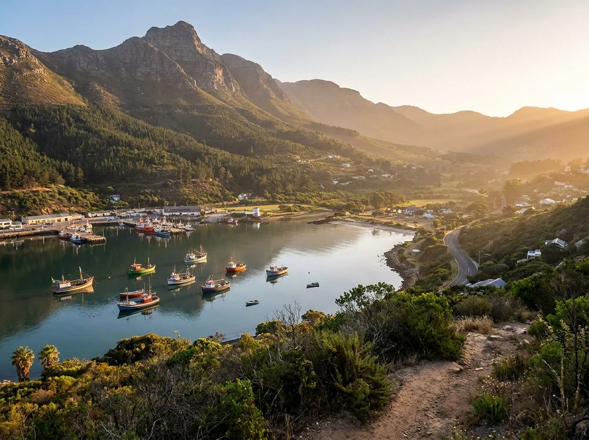 Hout Bay harbour and valley viewed from the hillside, fishing boats moored on calm water