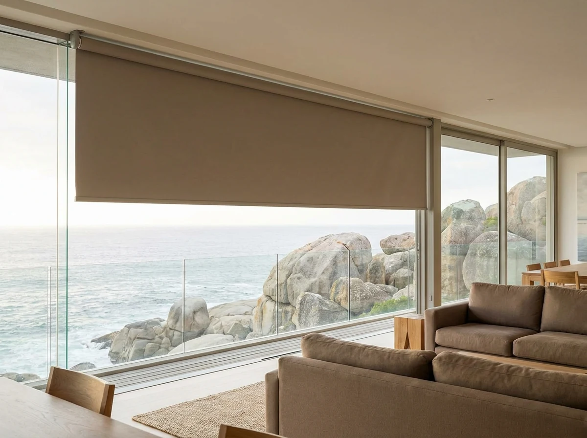 Motorised sunscreen roller blind mid-operation across a glass wall in a Llandudno lounge, ocean and boulders beyond
