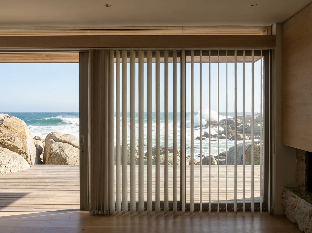 Vertical panel blinds tilted open beside a wide sliding glass door onto a Llandudno deck, granite boulders and surf beyond