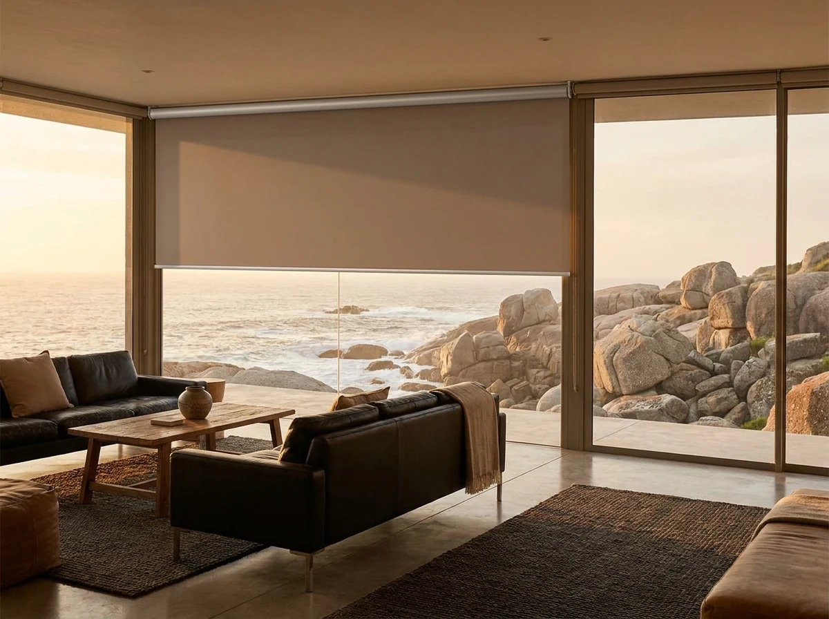 Sunscreen roller blind lowered halfway across a glass wall in a Llandudno lounge at sunset, granite boulders and ocean beyond