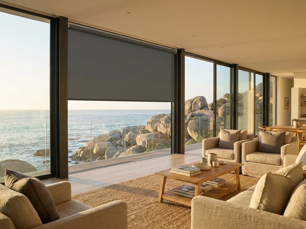 Sunscreen roller blind lowered halfway across a glass wall in a Llandudno lounge, granite boulders and ocean beyond