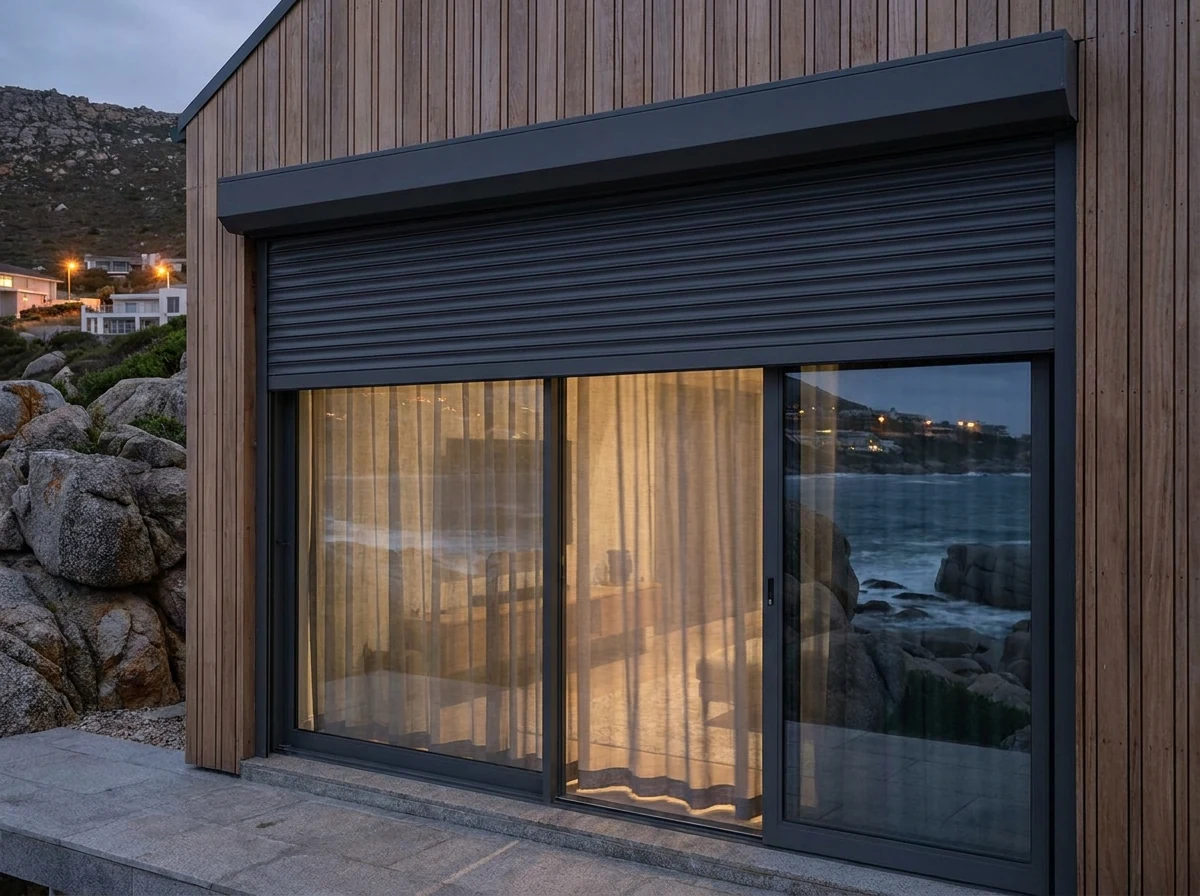 Aluminium roller shutter partially lowered over a glass door on a Llandudno hillside home at dusk