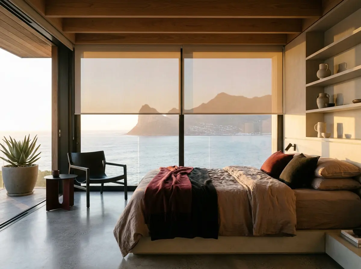 Sunscreen roller blinds lowered across a bedroom's glass wall in a Llandudno home, mountain and ocean view softened beyond