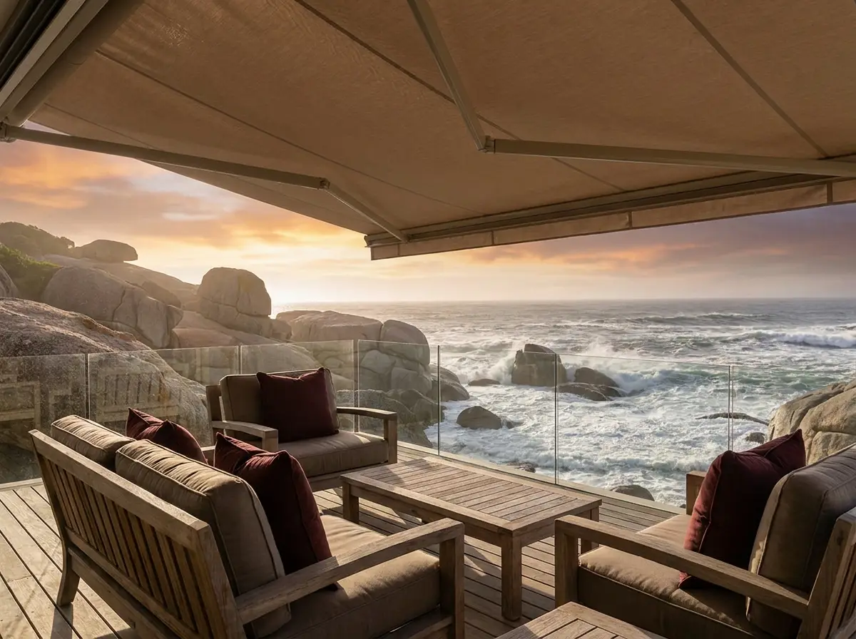 Retractable folding-arm awning shading a boulder-front deck at sunset on a Llandudno-style terrace