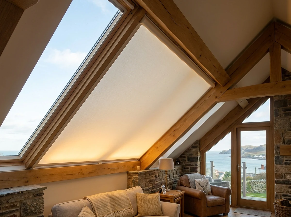 Tensioned fabric blind held flat against an angled gable skylight in a Llandudno hillside home's roof addition