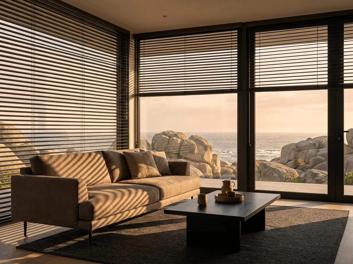 Aluminium venetian blinds tilted to steer sunset light into a Llandudno lounge, granite boulders visible through the glass