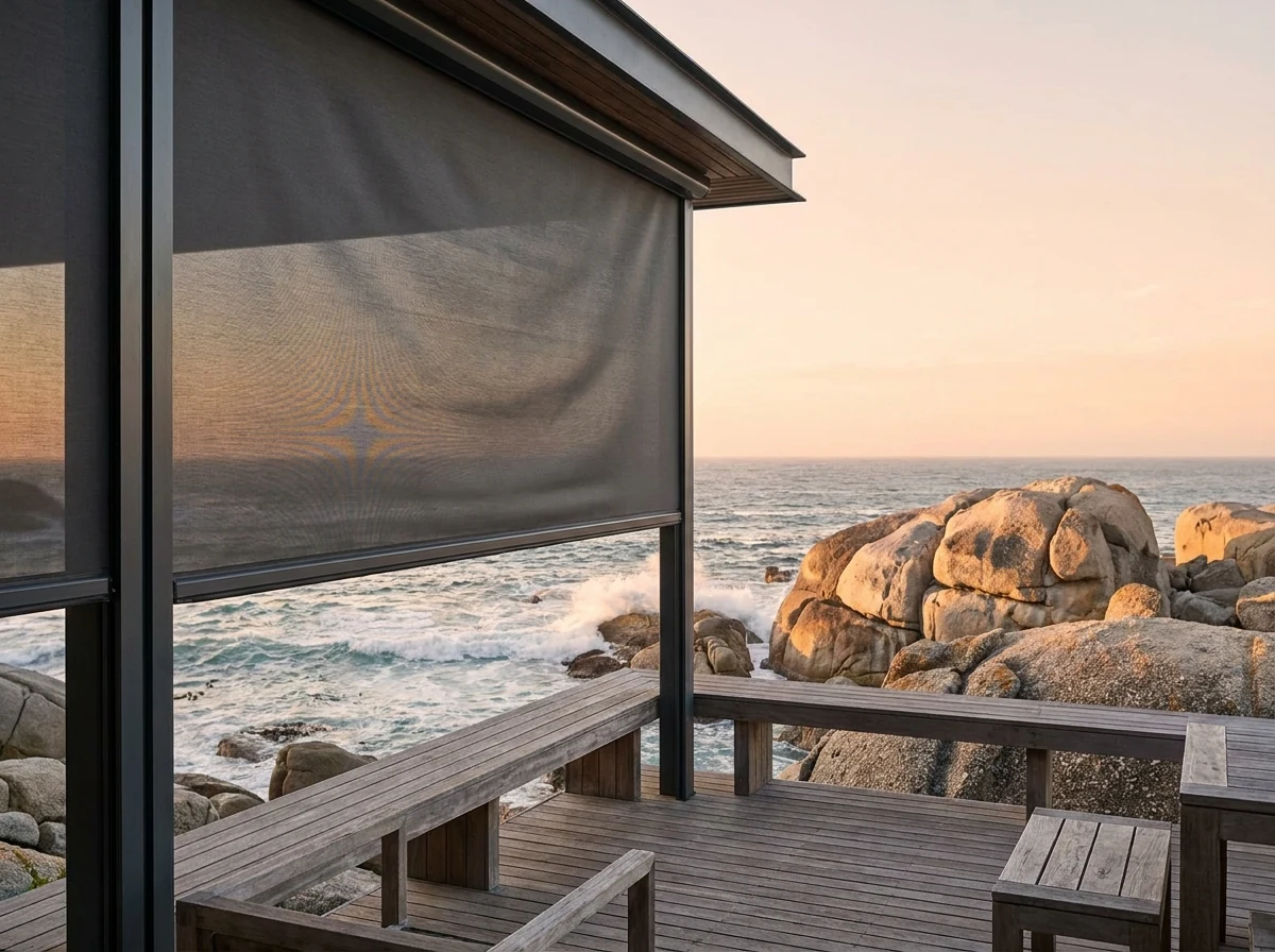 Zip-track outdoor screen blind lowered at the edge of a Llandudno deck, granite boulders and surf beyond