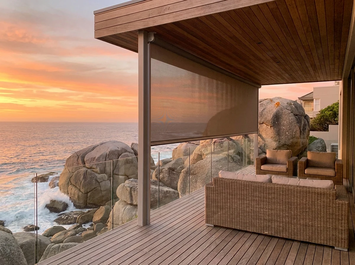 Zip-track outdoor screen partially lowered on a Llandudno deck at sunset, ocean and boulders beyond